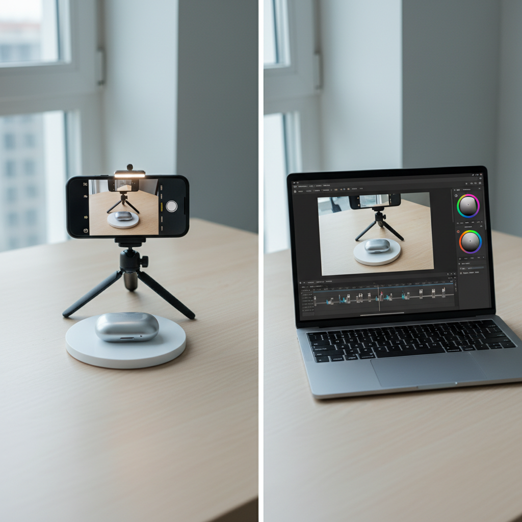 A split-screen style composition within a single photographic realism frame: on the left, a smartphone mounted in a small, sturdy desktop tripod recording a clean overhead shot of a product on a white background; on the right, a laptop screen showing the same footage within an editing interface, color wheels and basic text overlays visible. Both devices rest on a pale birch desk with a subtle matte finish. Cool, diffused daylight from a nearby window illuminates the scene evenly, while a small LED ring light adds a gentle circular reflection on the phone’s lens. Captured from a slightly elevated angle with moderate depth of field, the mood is approachable yet professional, highlighting the workflow from capture to edit for video marketing content creators.