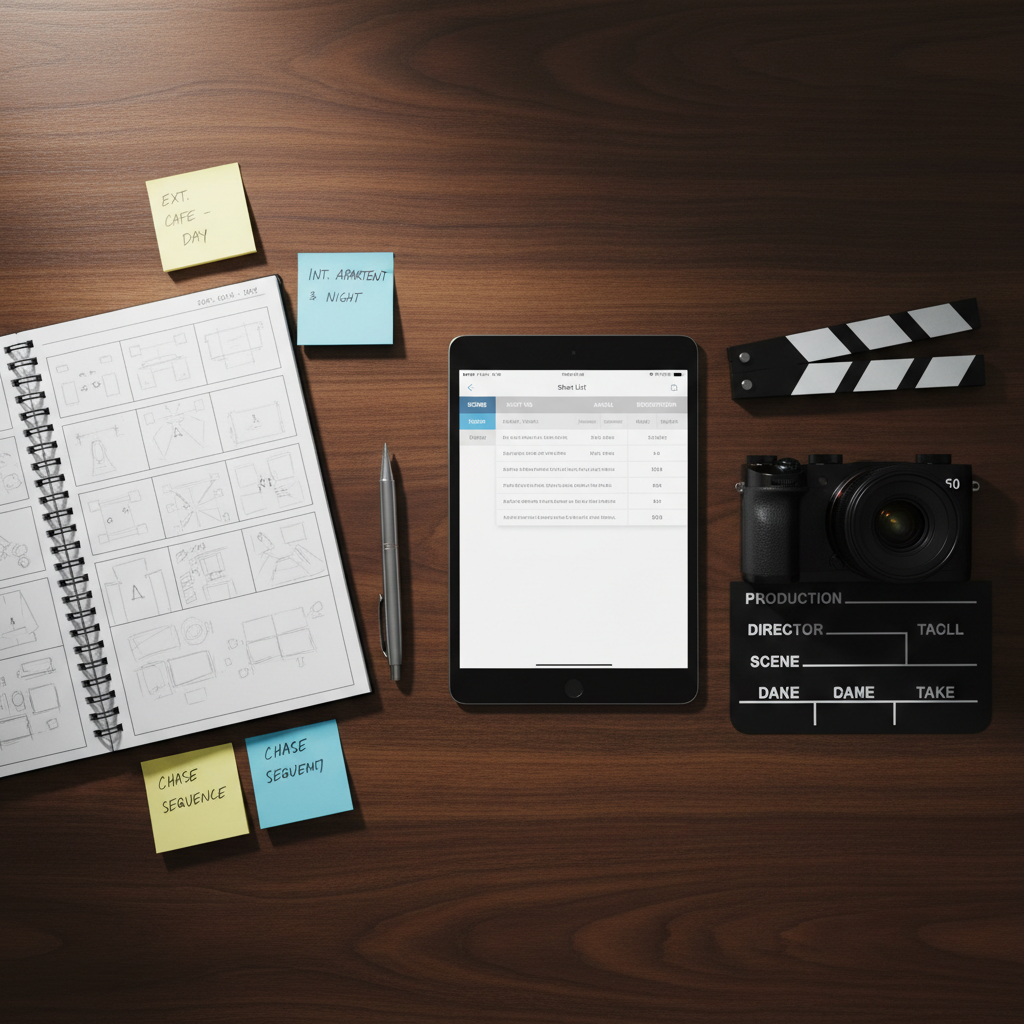 A carefully arranged flat lay of pre-production planning tools on a dark walnut tabletop: a crisp storyboard notebook with neatly sketched rectangular frames, color-coded sticky notes with scene labels, a metal-bodied pen, and a tablet displaying a digital shot list. A compact mirrorless camera with a prime lens rests nearby alongside a clapperboard with blank chalk lines ready for details. Soft overhead lighting combined with a subtle side light creates gentle shadows from the pen and camera, emphasizing texture in the wood grain and paper. Shot from a true bird’s-eye view with photographic realism, the composition is balanced using the rule of thirds, evoking clarity, organization, and the strategic side of video production planning.