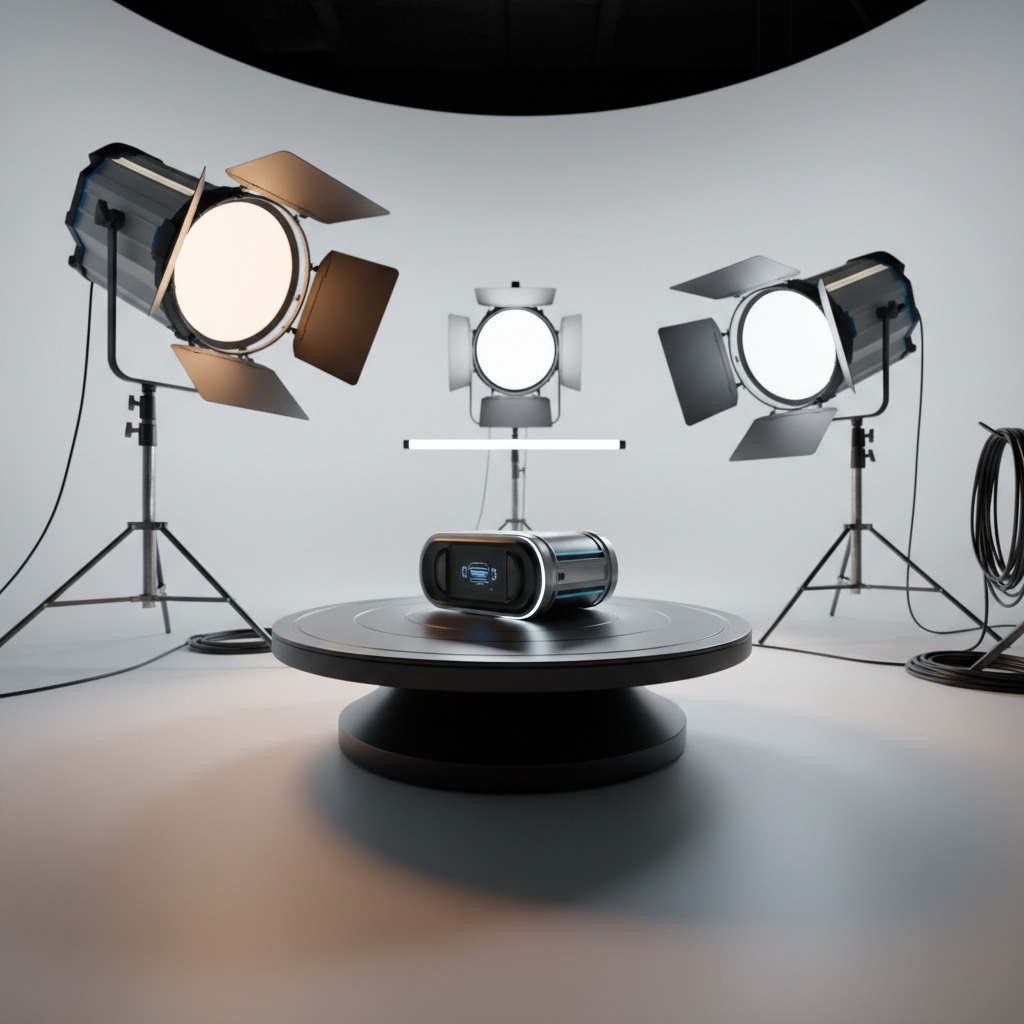 A controlled product video set featuring a glossy black turntable base holding a modern gadget, surrounded by three LED panel lights with adjustable barn doors and diffusion. Behind the product, a seamless white backdrop curves gracefully into the floor, eliminating visible edges. One light creates a soft key from the left, another a nuanced fill from the right, and a smaller backlight adds a crisp rim highlight around the object. C-stands and neatly coiled cables border the frame edges. Photographic realism from a low, slightly off-center angle gives a cinematic commercial look, with shallow depth of field softly blurring the lights and background, highlighting the precision and polish of professional video marketing production.