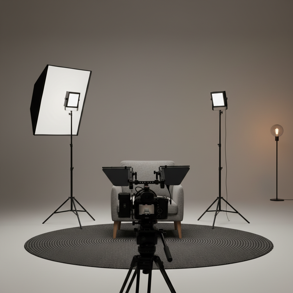 A tidy corporate video interview set without any people present: a clean, modern armchair with textured gray fabric sits precisely on a charcoal rug, framed by two strategically placed LED panel lights on sturdy stands, one with a softbox for key light and the other bare for a controlled rim. A neutral gradient backdrop hangs smoothly behind the chair, free of wrinkles. A cinema camera on a tripod, fitted with a matte box and follow focus, is positioned a few feet in front, aimed at the empty seat. Warm, subtle practical light from a floor lamp in the distant background adds depth. Photographic realism from just behind the camera at eye level creates a poised, anticipatory atmosphere that reflects high-end corporate video production.